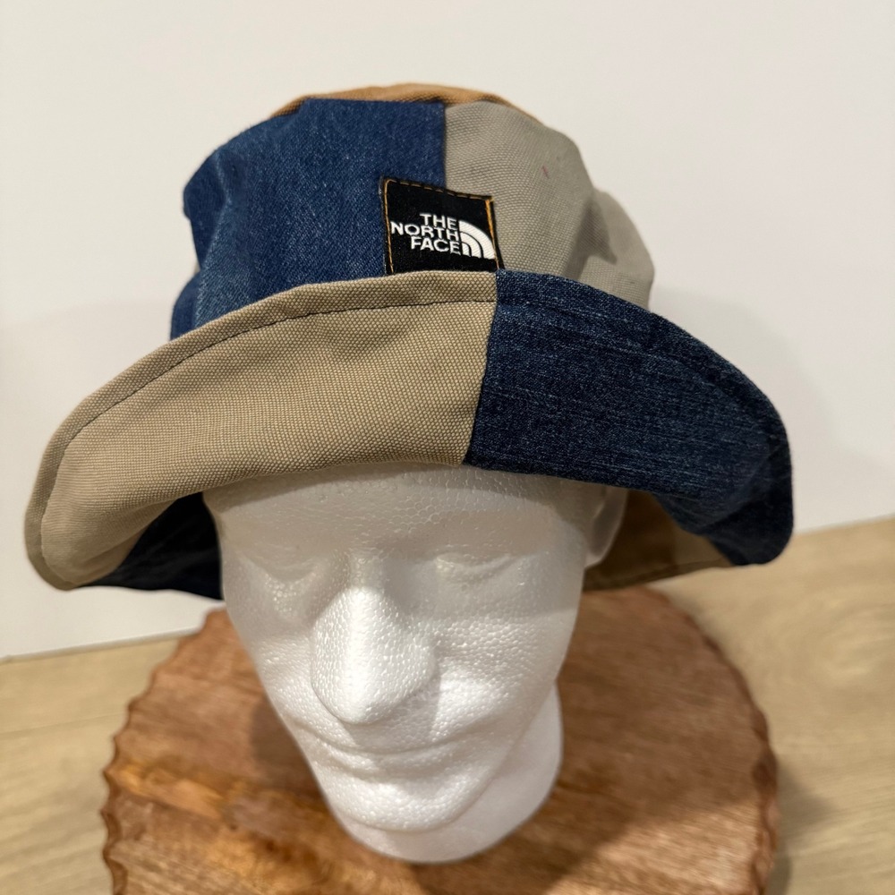 The North Face Bucket Hat Unisex OS Blue Tan Patchwork Denim Canvas Upcycled - Picture 1 of 6